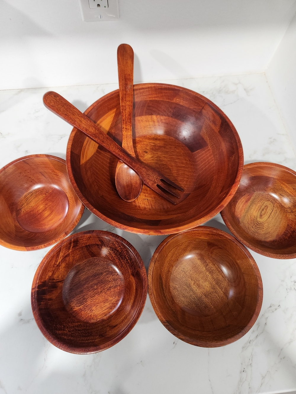 Handcrafted Wooden Salad Bowl Set with Serving Utensils - Warm Brown